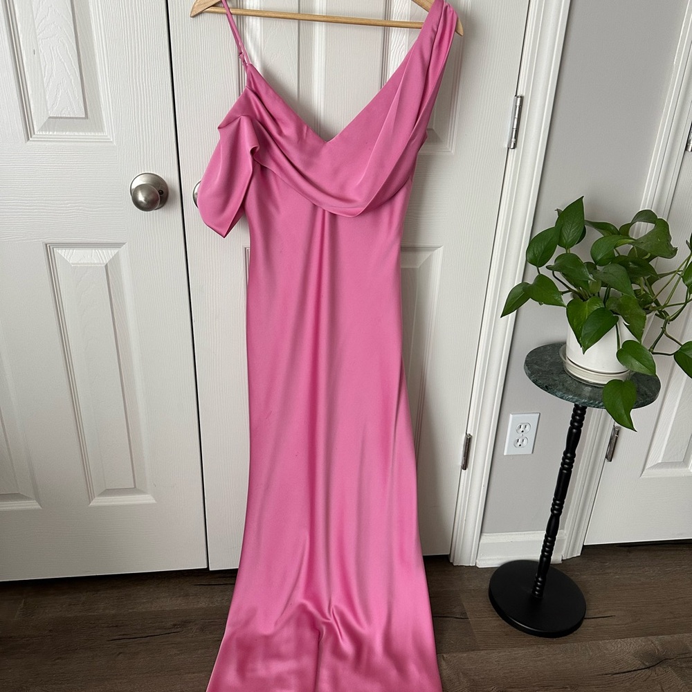 Pink Gianni bini Maeve Satin Asymmetrical Neck A-Line Dress